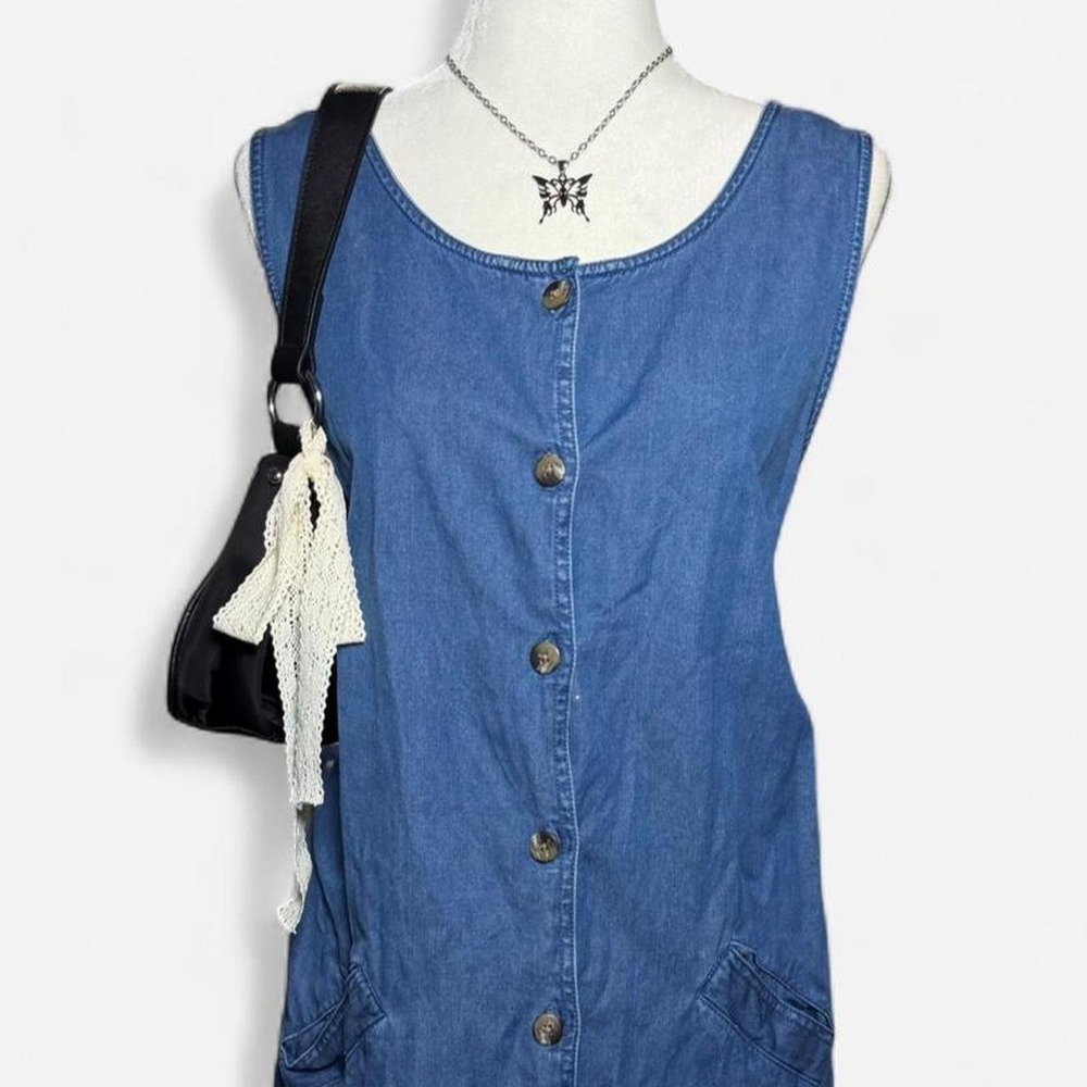 Talbots Vintage Denim Button Front Pinafore Dress Medium Wash Blue Womens 16